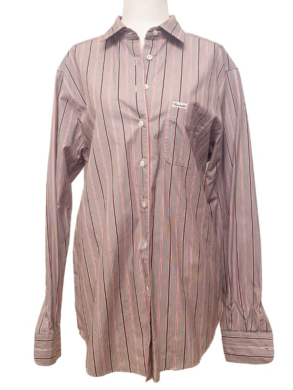 Façonnable Women’s Striped Button-Up Shirt Pink Burgandy Sz M Preppy Academia